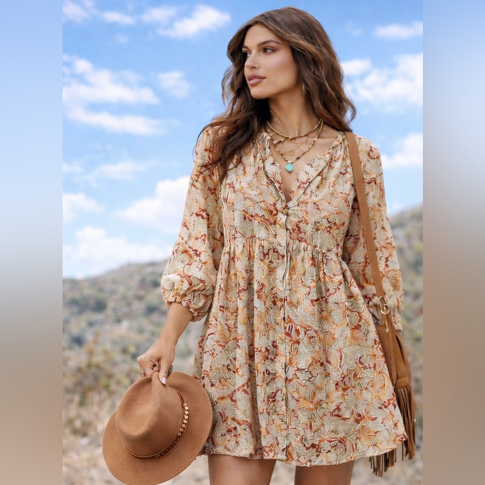 MELLODAY Floral Mini Dress in Earthy Tones, Red, Peach, Tan and Cream